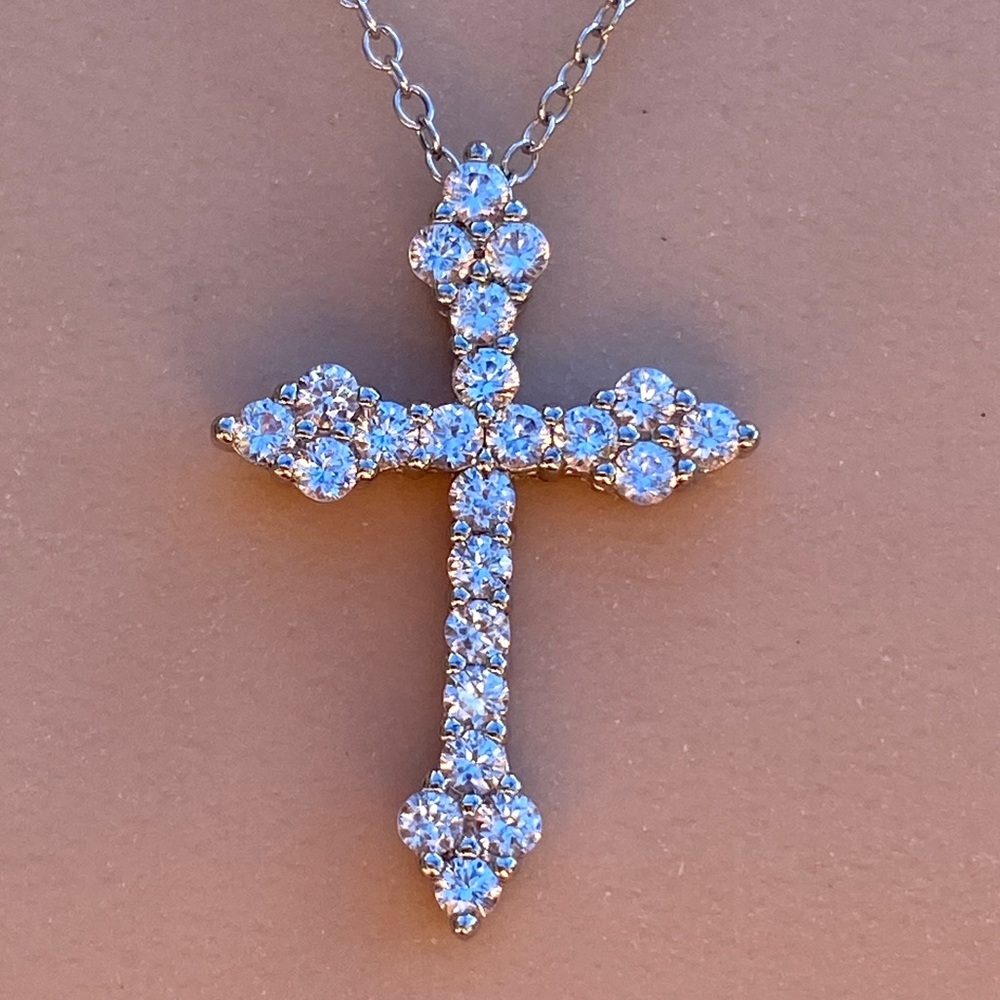 14k white gold  over 925 white lab sapphires Cross necklace